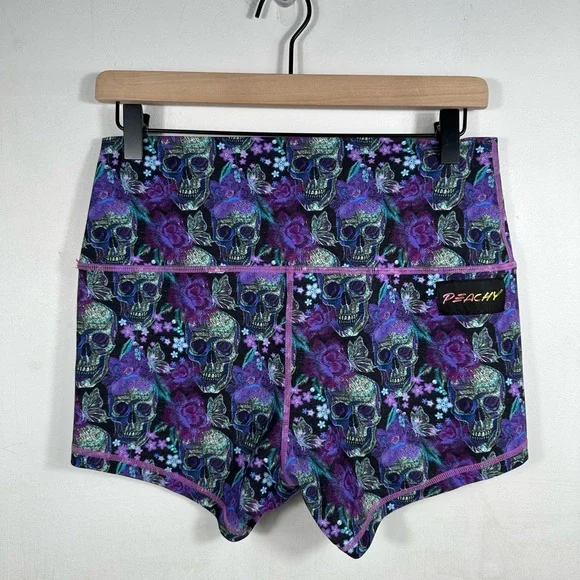 Peachy Athletic Shorts Women’s Large Purple Skull Floral Compression Yoga - Picture 5 of 7